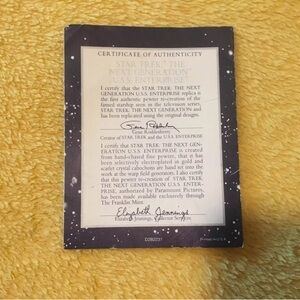 Franklin Mint Star Trek Certificate with Black and White Design